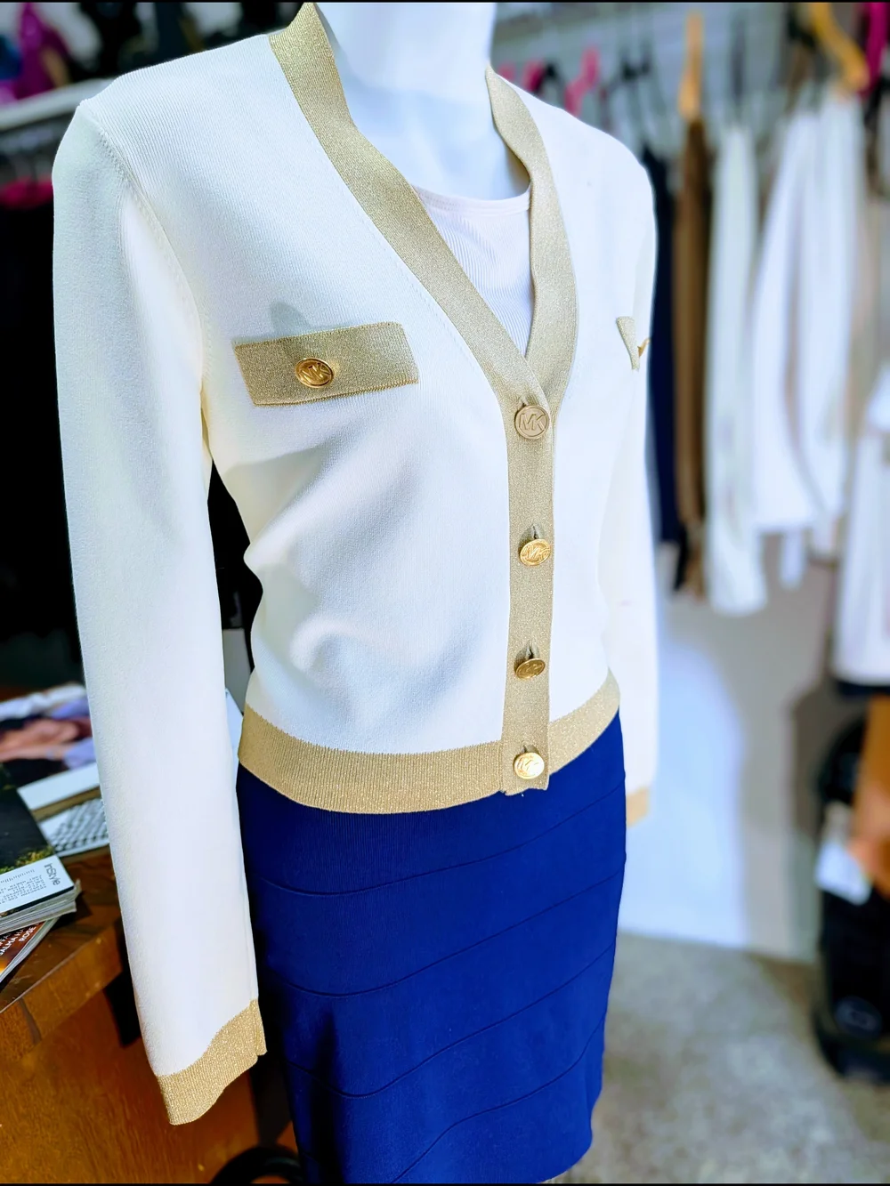 Michael Kors Cream Cardigan with Tan Trim and Navy Accent